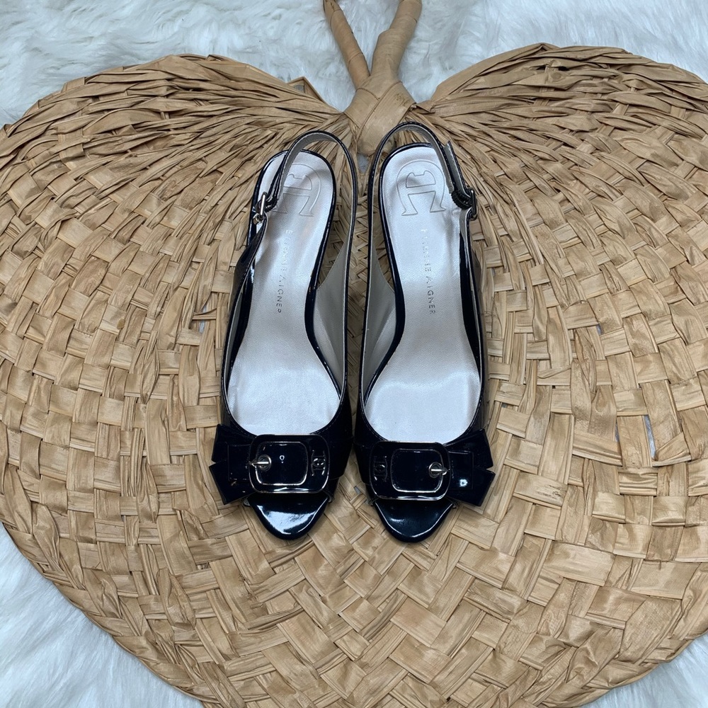 Etienne Aigner Navy Patent Sling Back Wedges